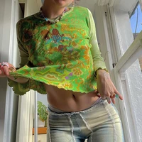 green tie dye print y2k t shirts woman contrast patchwork vintage cropped baby tee o neck long sleeve autumn tops