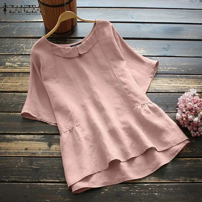 

ZANZEA Summer Women Vintage Solid Cotton Tops Female Casual Loose Shirt Oversized Blusas Tunic Chemise 2021 Short Sleeve Blouse