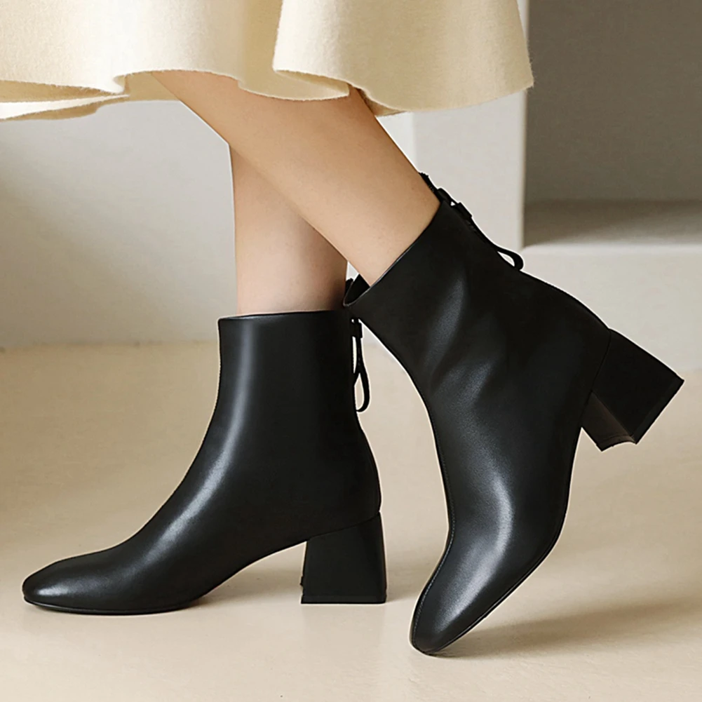 

BONJOMARISA Ladies Fashion Dress Fretwork Boots High Hoof Heels Ankle Boots Women Mature Square Toe Heeled Women Shoes