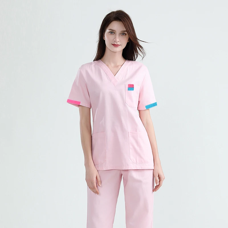 pink SET Чистый хлопок скраб-Топ V шеи медицинская Униформа с короткими рукавами униформа для женщин Цвет Блокировка хирургическая рубашка Размер вилки медицинские скрабы(топ - Цвет: pink SET