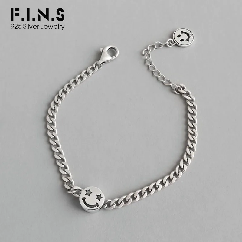 F.I.N.S корейский S925 Серебряный браслет ретро двухсторонняя смайлик цепочка со