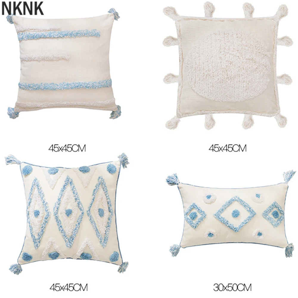 

Boho Style Handmade Cushion Cover Plush Blue Diamond with Cute Circle Moroccan Colorful Pillow Cover 45x45cm Home Decorative