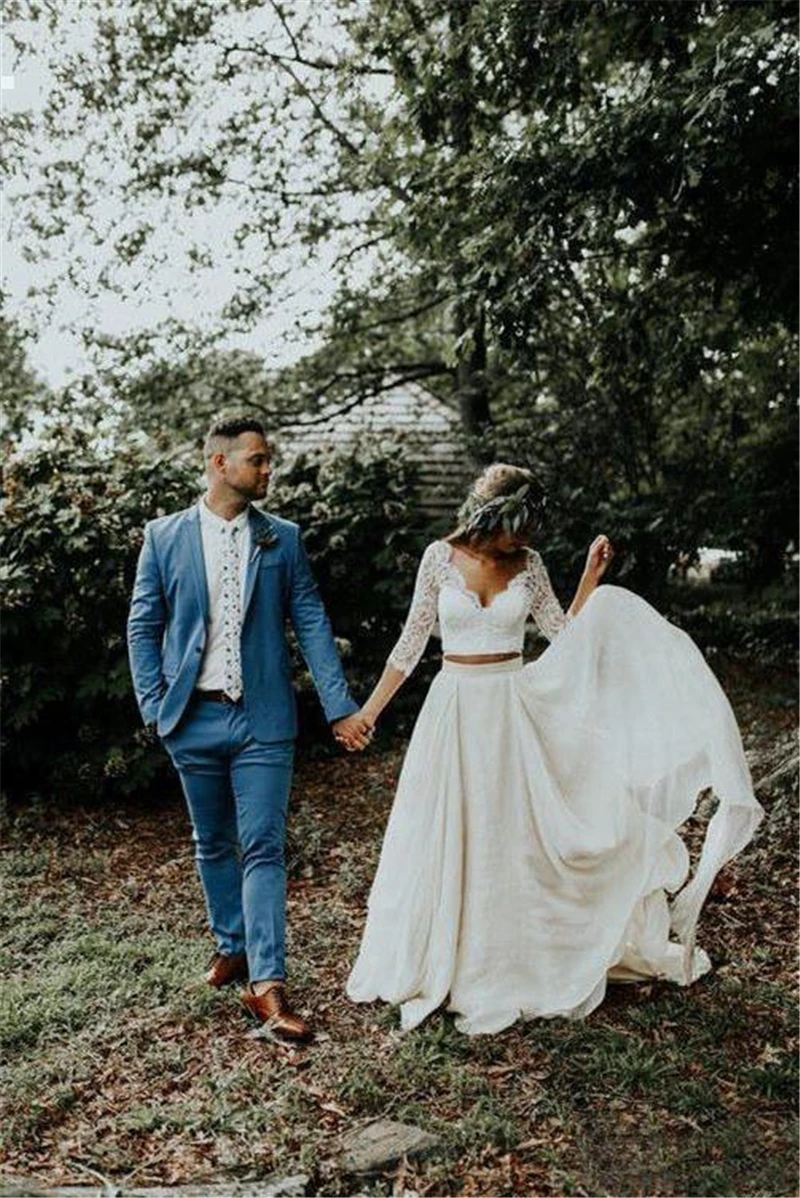 

Half Sleeve Lace Chiffon Wedding Dresses For Bride Two Piece Vintage Beach Boho Bridal Gowns vestidos de novia robe de mariee