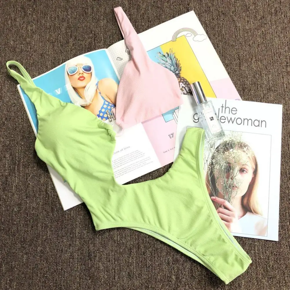 

Solid Patchwork Brazilian swimsuit one piece Plus size sexy bikini 2020 Push up swimwear women monokini High cut bathing suit