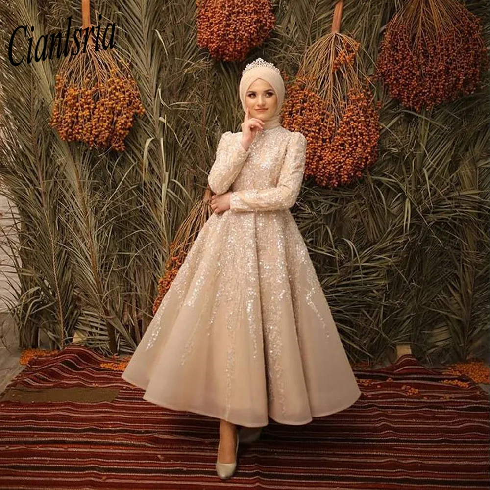

Long Sleeve Muslim Evening Dresses Luxury Dubai Women Wedding Party Gowns Arabic Formal Prom Dress