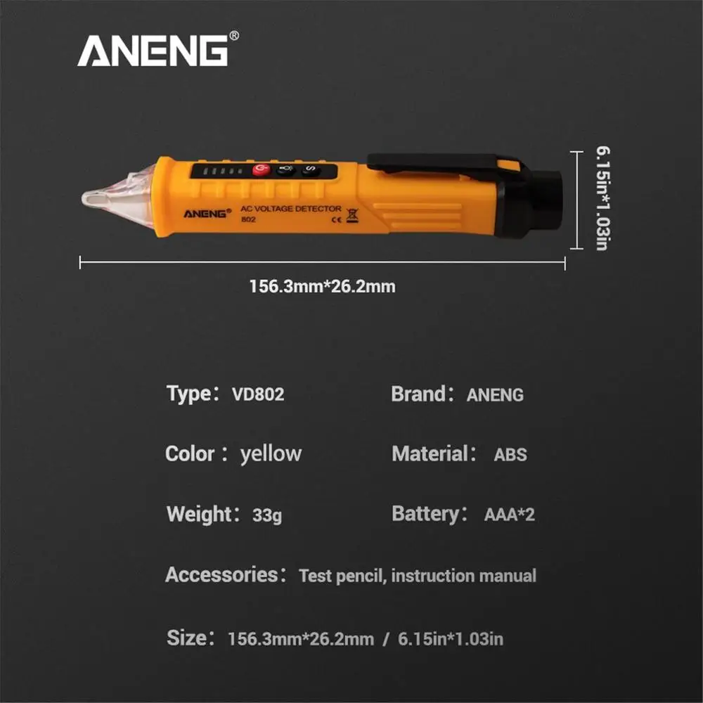 

ANENG VD802 Non-contact AC Voltage Detector Tester Meter 12V-1000v Pen Style Electric Indicator LED voltage meter vape pen 2021