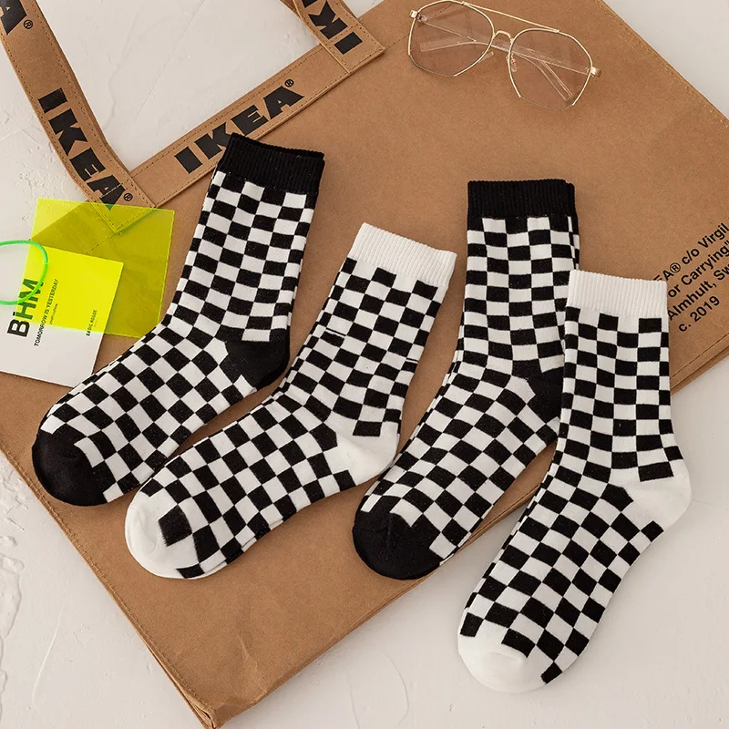 

Женские шахматные носки в Корейском стиле Харадзюку, геометрические клетчатые носки, мужские хлопковые носки в стиле хип-хоп, уличная одежд...
