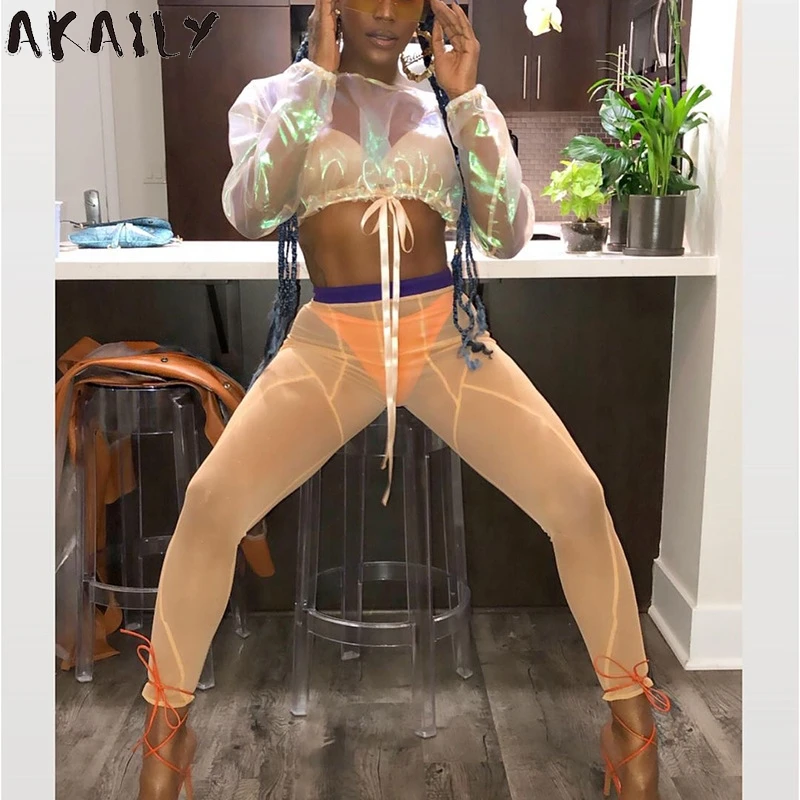 

Akaily Summer Sexy Black Mesh See Through Women Trousers Streetwear High Waist Bodycon Pants Stretchy Female Pencil Pants 2021