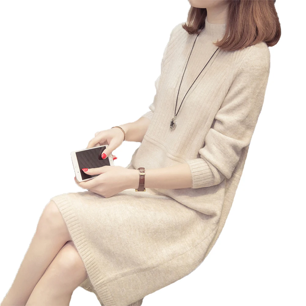 Женский Длинный свитер с высоким воротником Свободный вязаный пуловер длинным