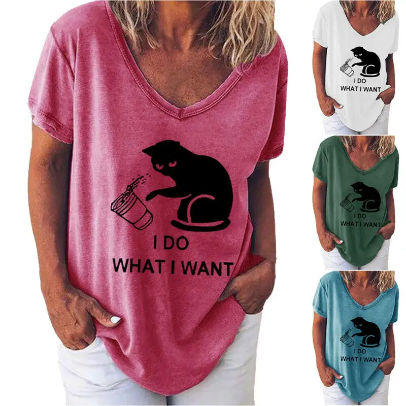 

Ladies Womens V-Neck Short Sleeve Cat Print Loose Casual T-Shirts Summer Tops UK