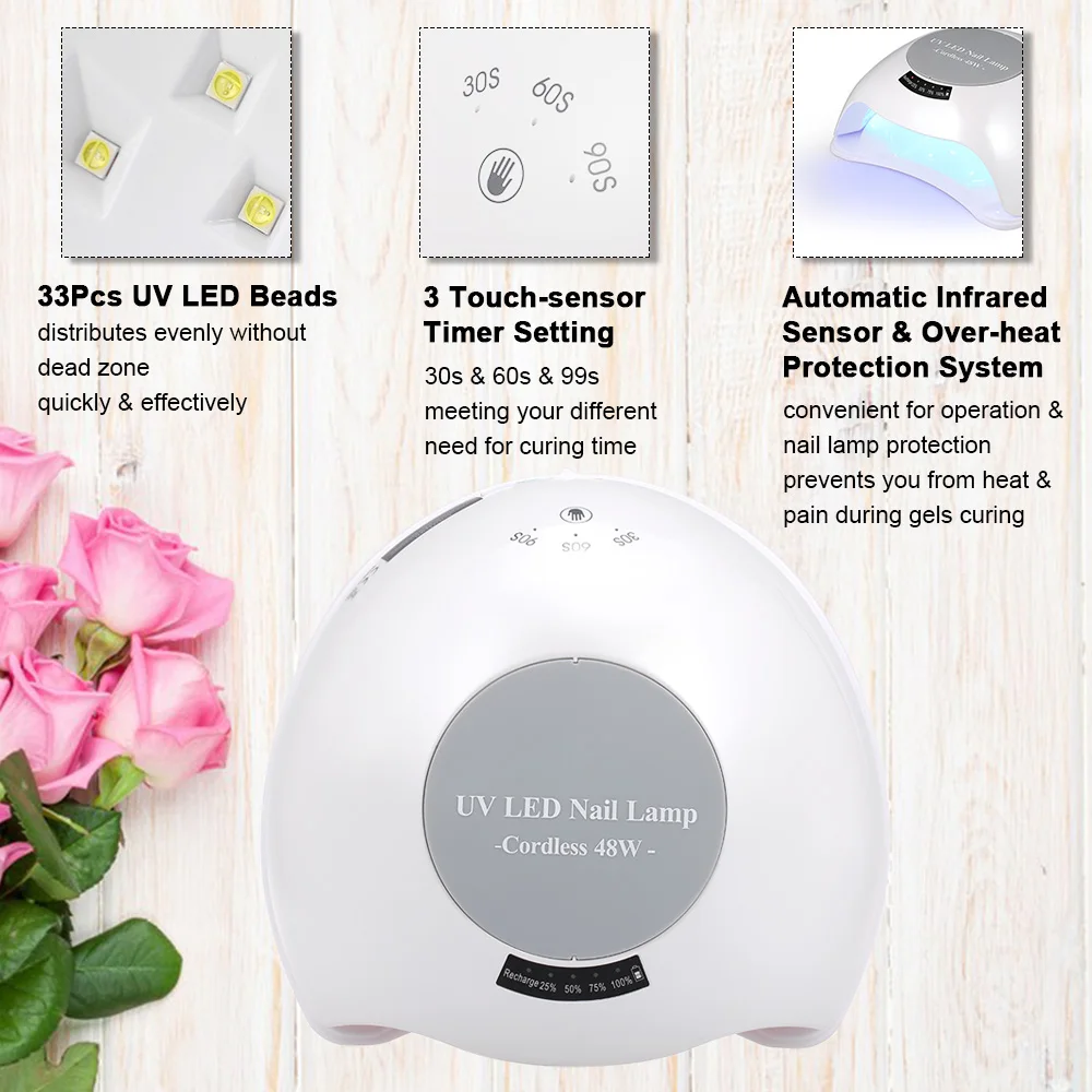 48 Вт Светодиодная лампа для ногтей УФ перезаряжаемая Беспроводная Сушилка и гель