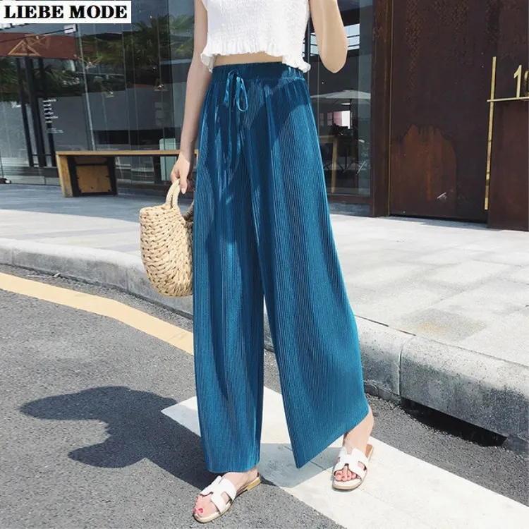 Летние женские широкие брюки плиссированные свободные шифоновые с эластичной