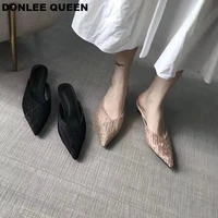 low heel mule shoes women kitten heel pleated slides pointed toe shallow vintage wedding shoes outdoor slippers zapatos de mujer