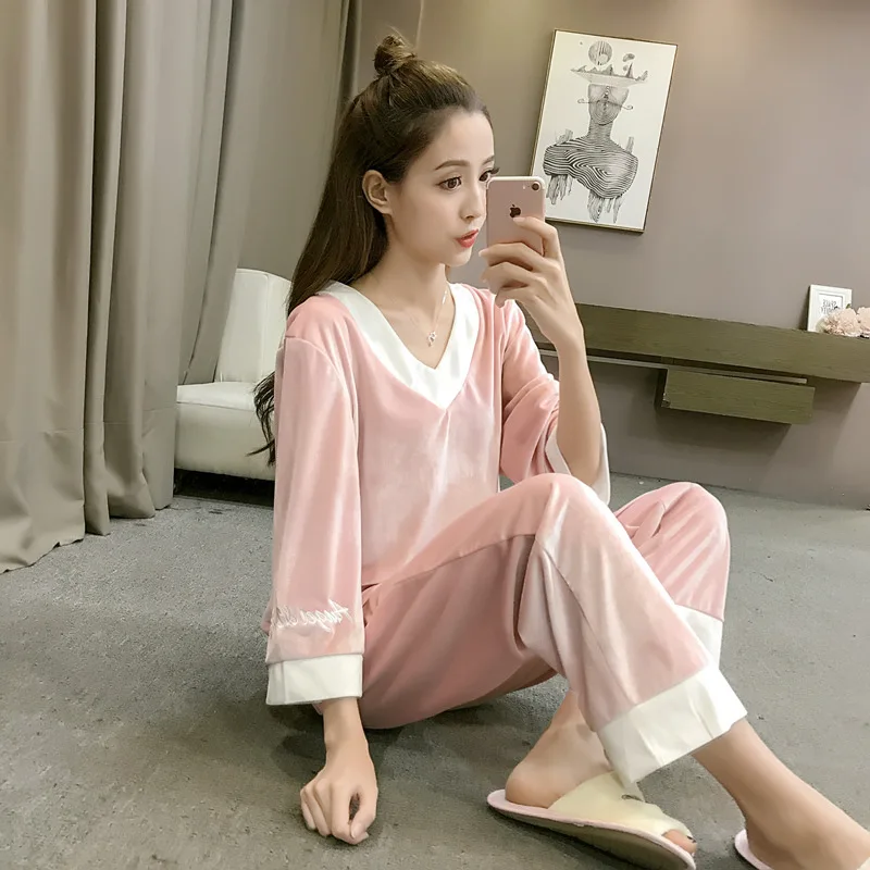 Женский бархатный пижамный комплект элегантная Весенняя Пижама с V образным