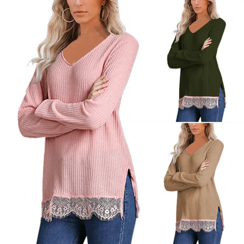 

Women Long Sleeve V Neck Jumper Lace Patchwork Side Split Knit Sweater Pullover