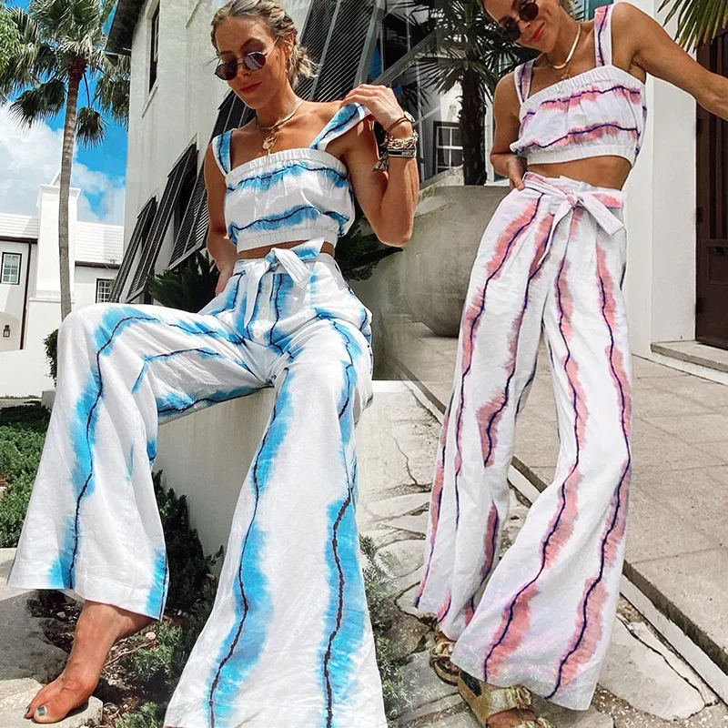 

Sexy Crop Top Wide Leg Trousers Two Piece Set Women Suit 2021 Summer New Fashion Striped Cotton Linen Elegant Lady 2 Piece Pants