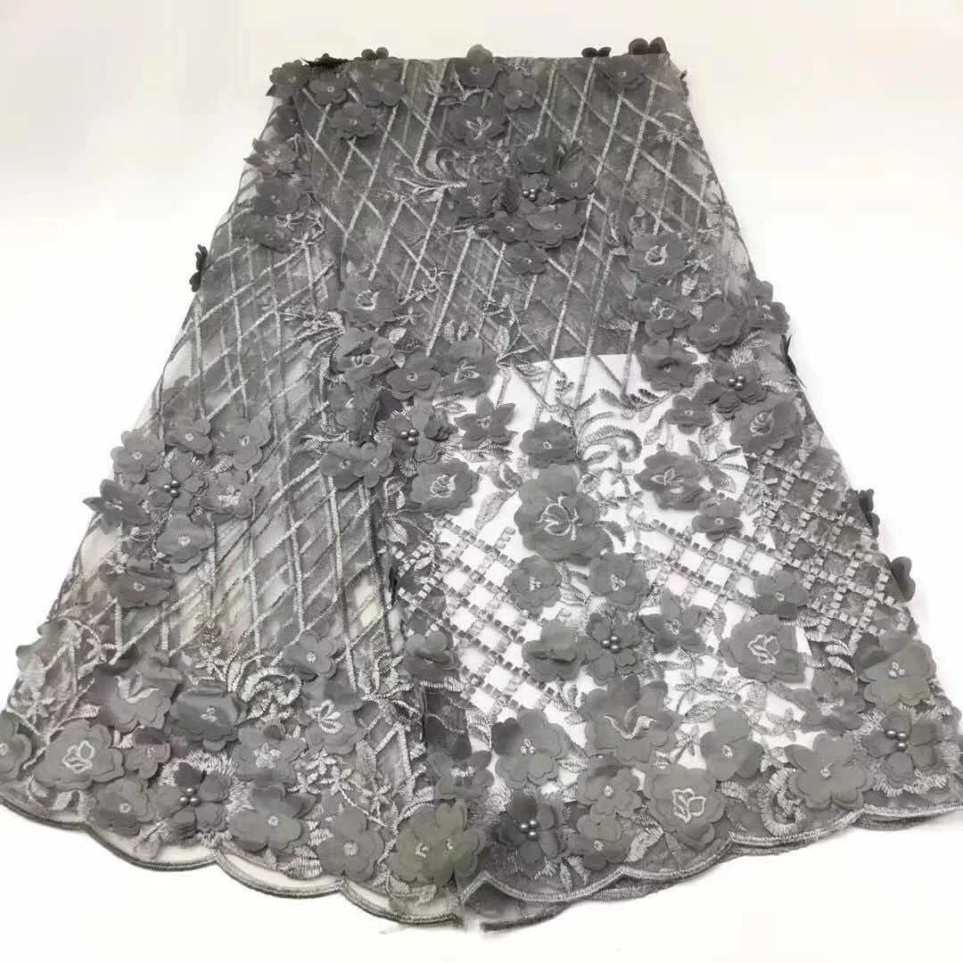 

High Quality Tulle Lace Handmade 3D FlowerAppliqued with Beads Champagne African French Wedding Lace Fabrics for Women FJ2788