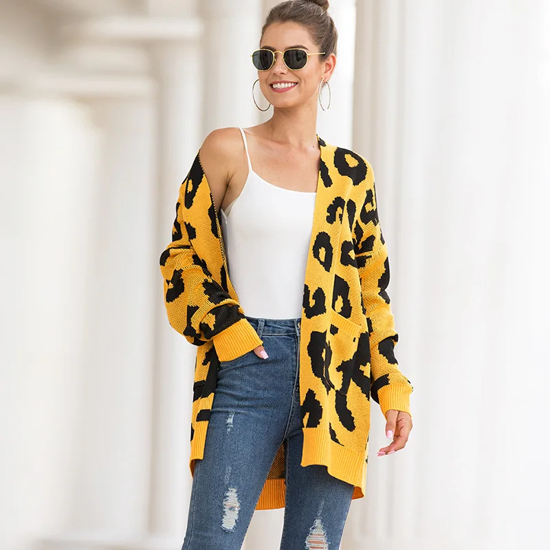 

2021 Autumn and Winter Sweater Women's Long Double Pocket Casual Leopard Cardigan Sweaters for Women