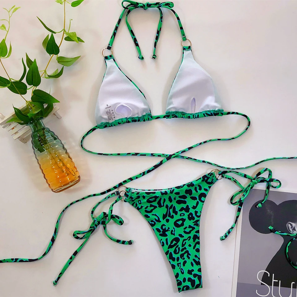 

Karlofea Sexy Leopard Cross Bandage Swimsuit Summer Fashion Beach Outfits Two Piece Bikini Suit Sexy Thong Swim Bathing Suit Set