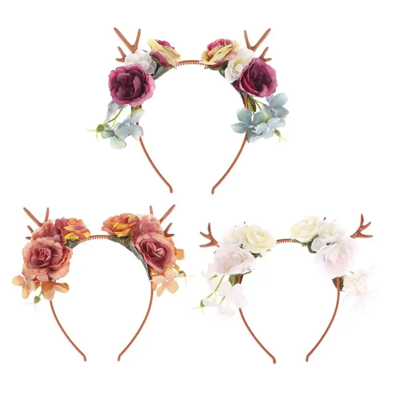 

Christmas Colorful Rose Flower Headband Wedding Bridal Fairy Antlers Hair Hoop