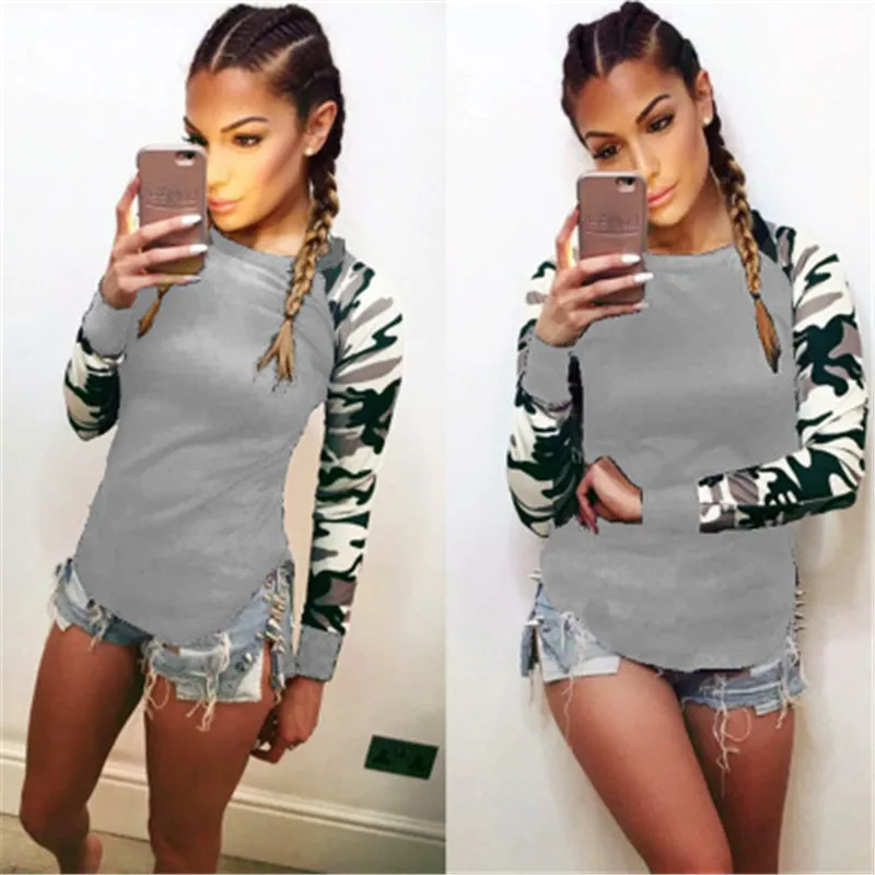 T-shirts For Women Autumn Long-sleeved Camouflage Print Patchwork Top T-shirt Female Casual Streetwear Black Cotton Shirt Slim | Женская