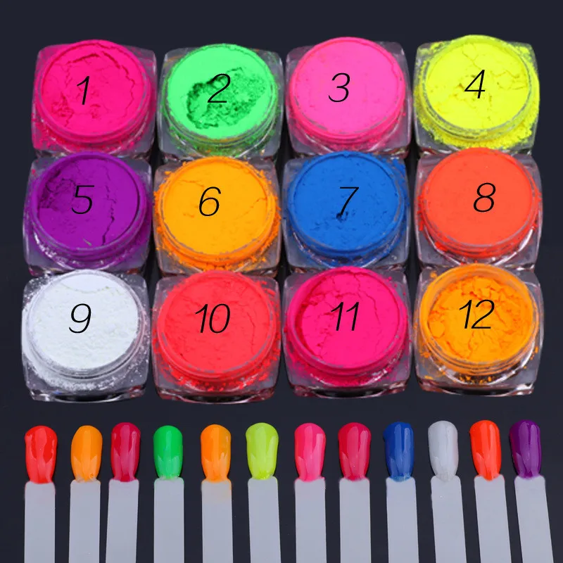 

12 Boxes/Lot Neon Nail Powder Eyeshadow Dust Fluorenscence Effect Nail Glitter Pigment Chrome Dust DIY Nail Glitter Decoration