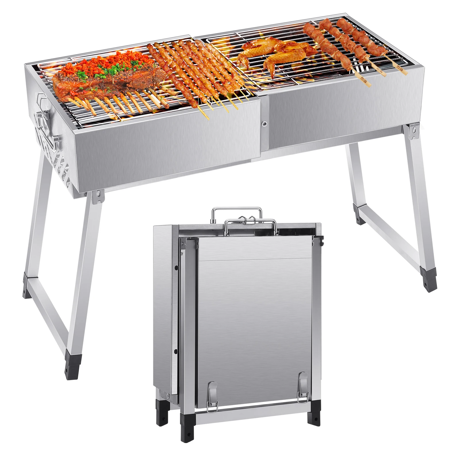 

Portable BBQ Grill With Clip Brushes Seasoning Bottle Foldable Stainless Steel Barbecue Grill Adjustable Large Capacity BBQ Tool