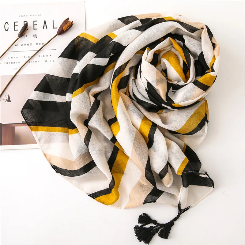 Мода полосатый принт хиджаб шарф с кисточками женские шарфы шали мусульманский