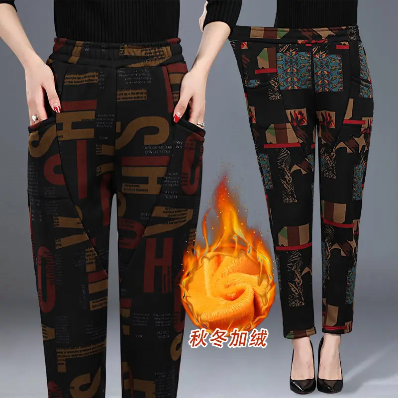 

2021 Autumn Winter Middle Age Women Warm Pants Velvet Thick Trousers High Waist Elastic Stretch Pencil Pants Plus Size 3XL D579