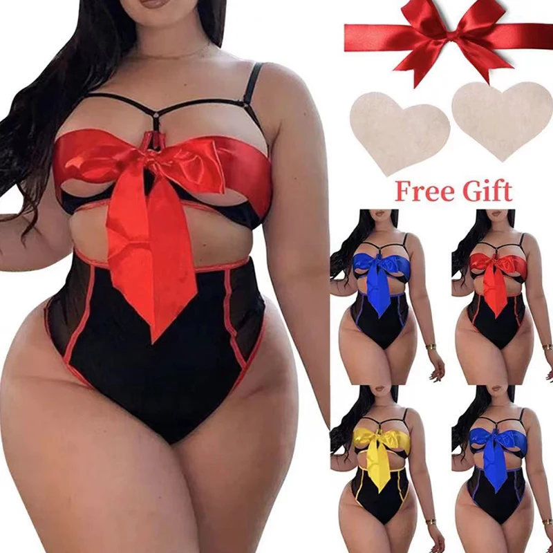

S-5XL Bigger Size Women Erotic Sexy Hollow Out Lingerie Outfit Fashion Bow Lace-up Bandage 2 Piece Set Bra And High Waist Briefs