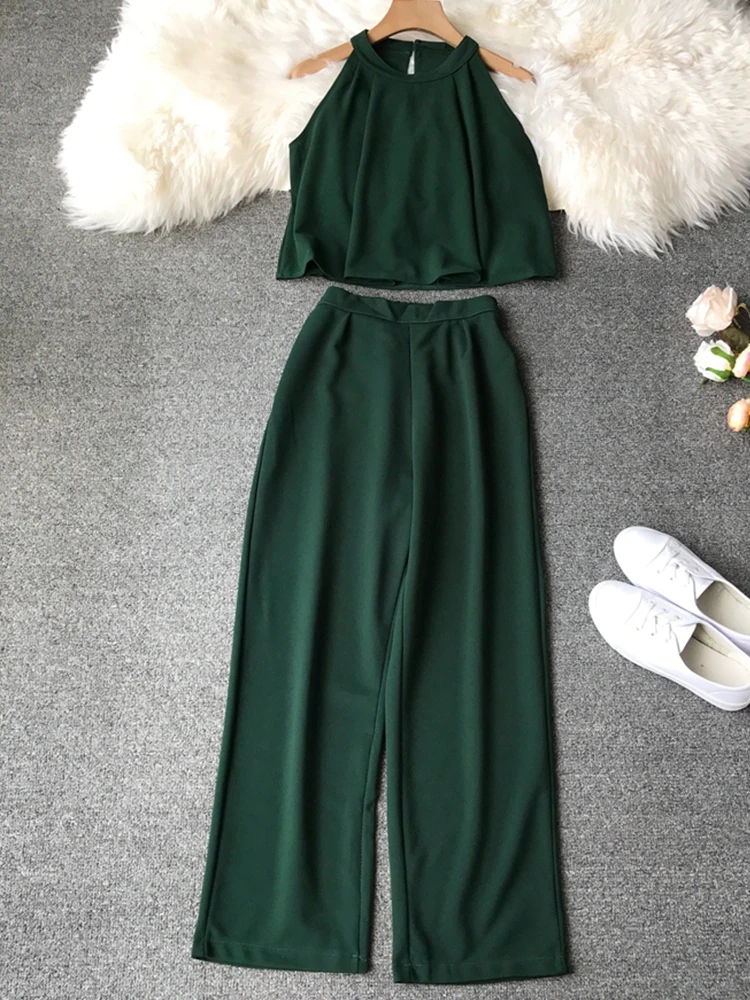 Женские однотонные укороченные топы без рукавов и штаны комплект из 2 предметов