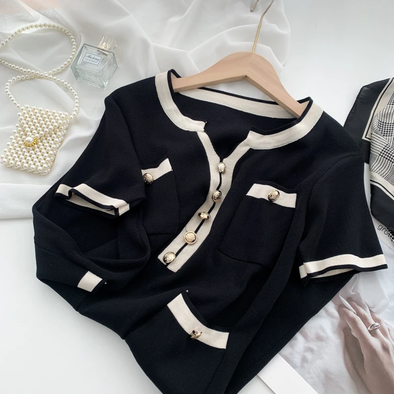 

2021 Summer Vintage Knitted Dress Women Short Sleeve Buttons Mini Dresses Slim Elegant Sweater Dress vestidos