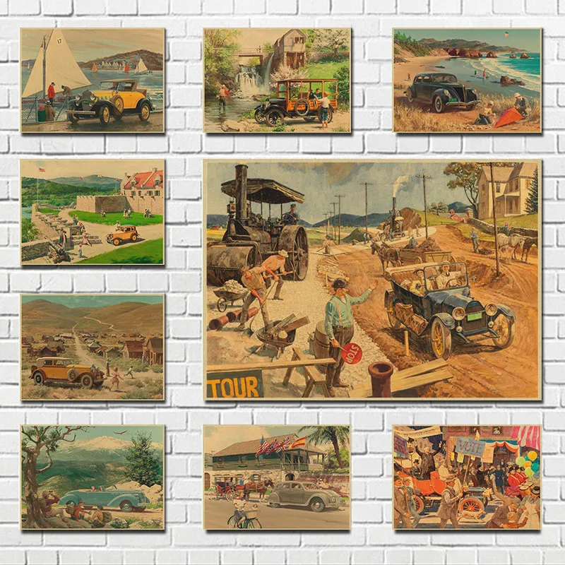 

Винтажная картина маслом для старых автомобилей, татуировки с узором, плакаты из крафтовой бумаги, украшение для дома парикмахерской