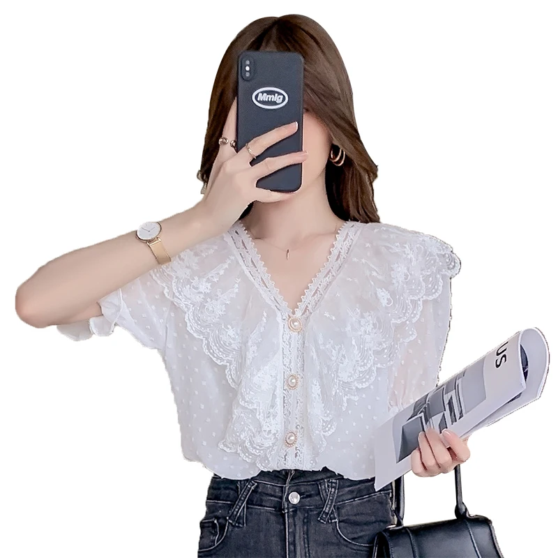 Милая кружевная блузка с V-образным вырезом женская шифоновая рубашка коротким