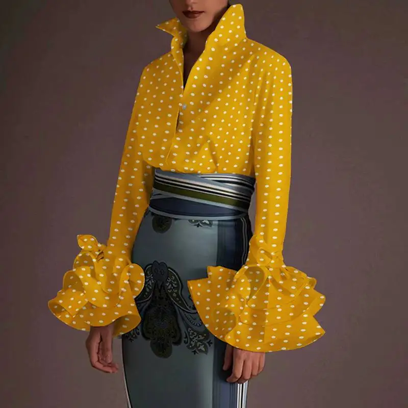 Женская рубашка с отложным воротником на пуговицах принтом в горошек | одежда