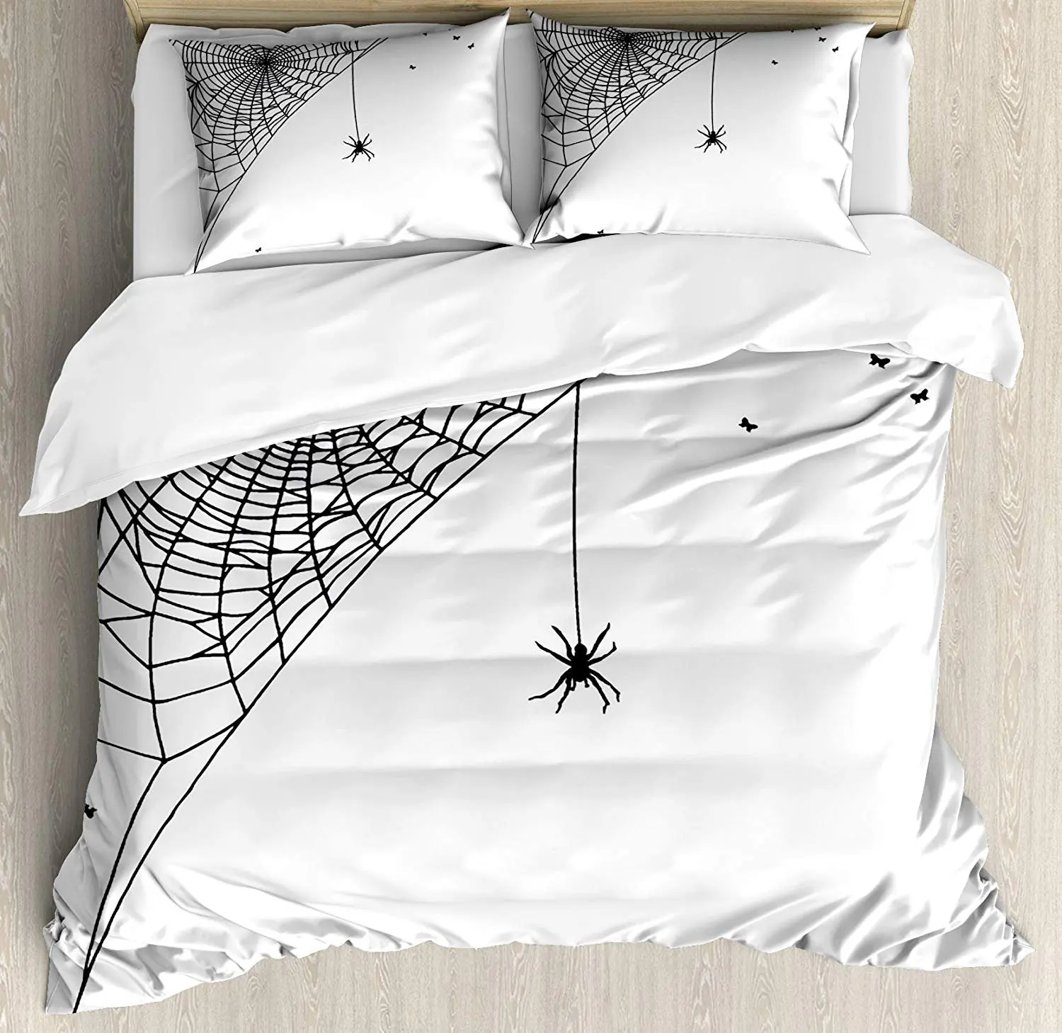 

Spider Web Bedding Set Corner Cobweb with a Hanging Insect Hand Drawn Style Gothic with Flies Duvet Cover Pillowcase Bed Set
