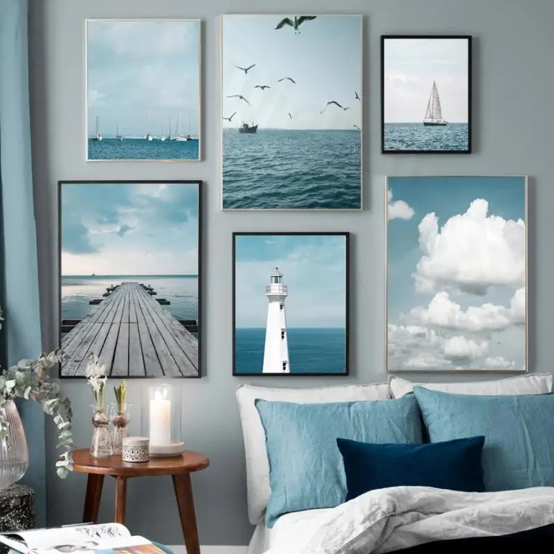 

Modern Canvas Decor Painting Seascape Ocean Sailing Boat Lighthouse Blue Sky White Clouds Poster Print Wall Picture Home Decor