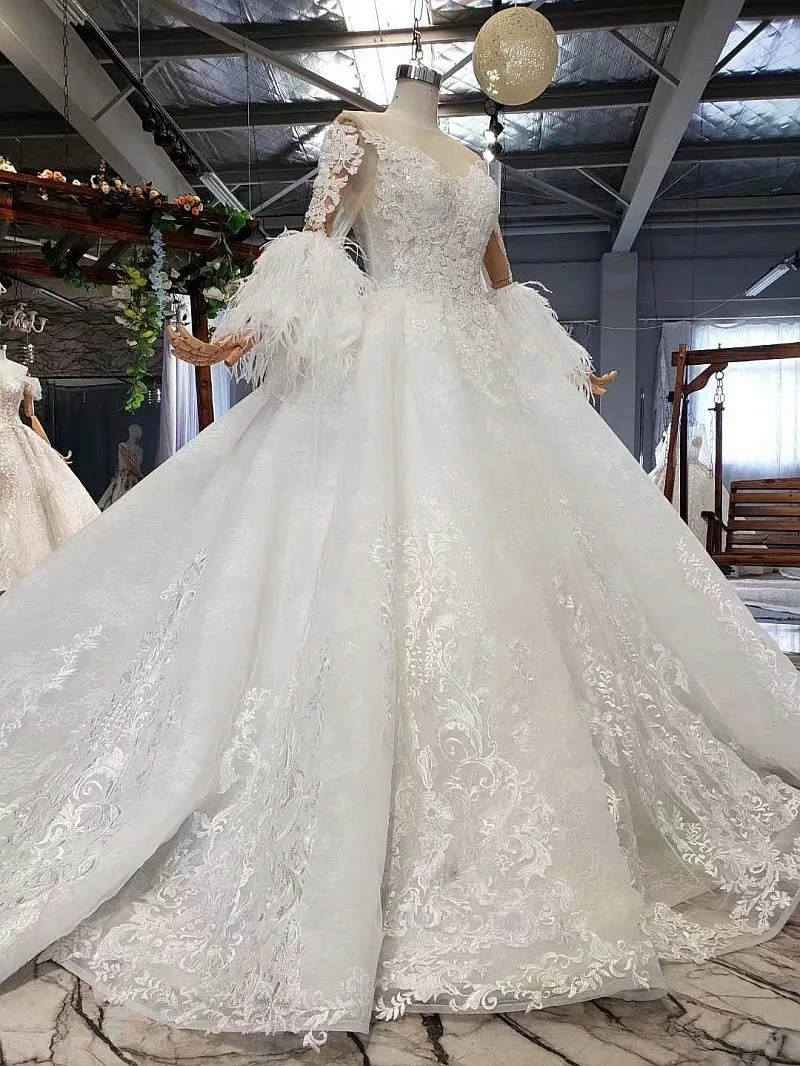 Милое Свадебное платье с длинными рукавами и перьями 2020 бальное размера плюс