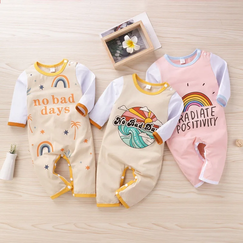

Autumn Baby Kids Jumpsuit Infant Rainbow Patter Bodysuit Playsuit Boy Girl Letter Rainbow Pattern Rompers Long Sleeved Trousers