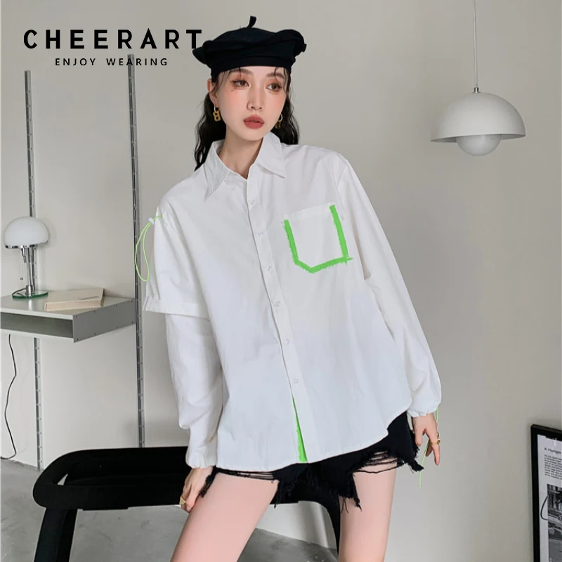 

CHEERART Neon Green White Button Up Baggy Shirt For Women Drawstring Long Sleeve Designer Top Fall 2021 Trend Fashion Clothing