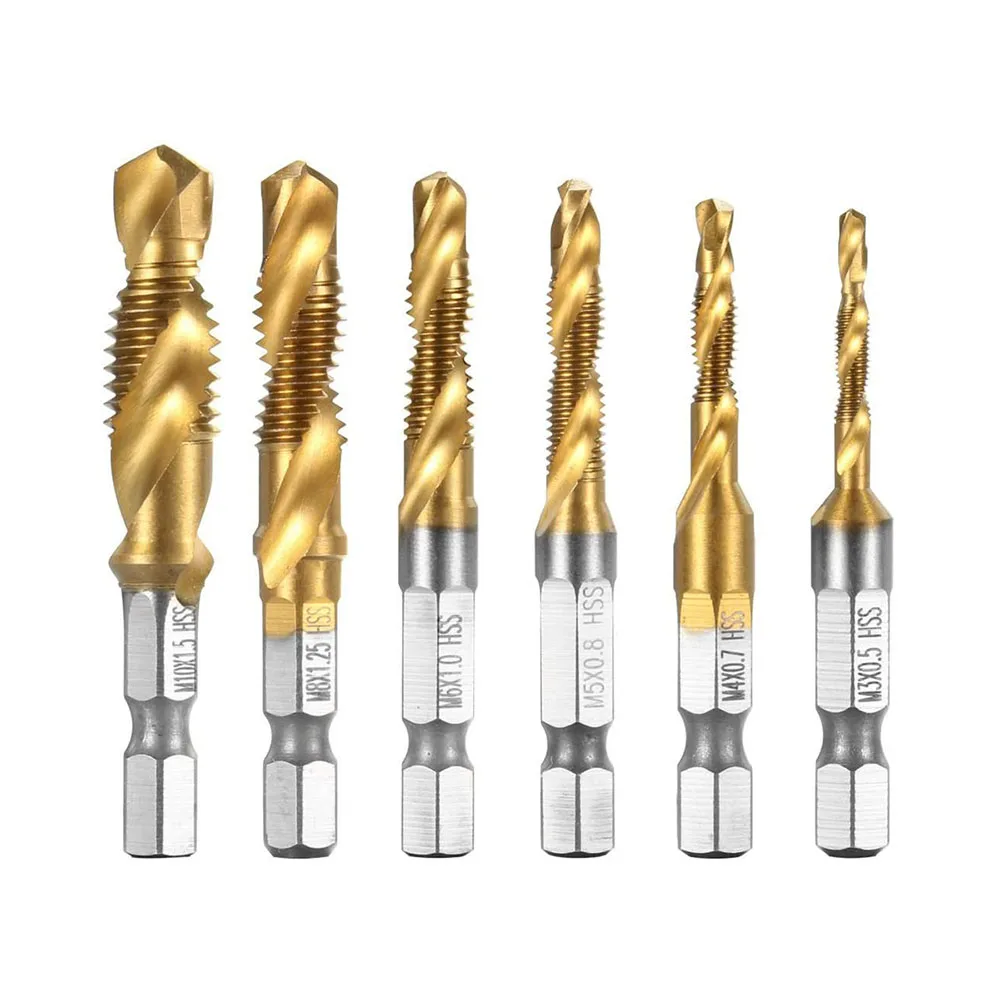 

6Pcs M3-M10 Hex Shank Titanium Plated HSS Screw Thread Metric Tap Drill Bits