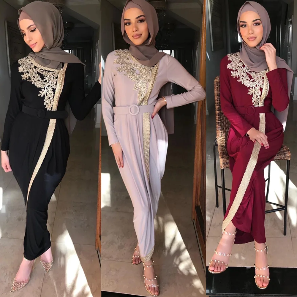 

2021 New Embroidered Beaded Slim Dress Long Sleeve Maxi Dresses Muslim Abaya for Women Turkish Plus Size Girls Muslim Clothing