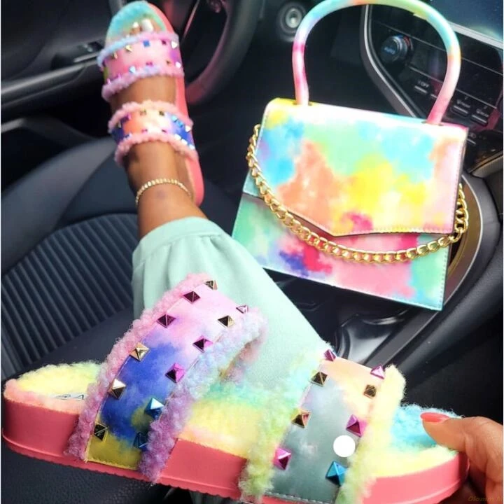 

2021 Rainbow color double-layer rivets all-match women slippers new open-toed rivets plush sandals/slippers women's shoes