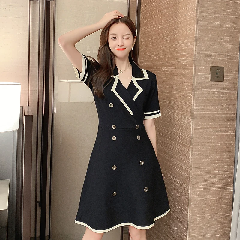 

Knitting Women One-piece Dress Korean Summer Spring Short Sleeve High Waist Dresses Black Apricot Women Clothes 2020
