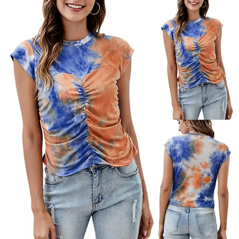 

Женская футболка с коротким рукавом, круглым вырезом и оборками