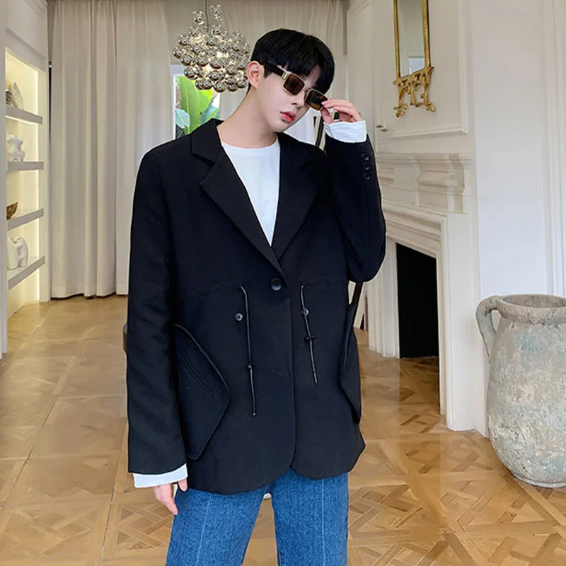 

Male Japan Korea Street Loose Vintage Blazer Jacket Overcoat Removable Pocket Drawstring Casual Suit Coat Outerwear
