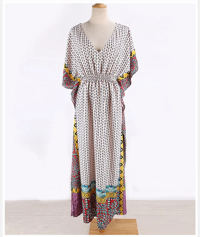 Fitshinling Geometric Print Vintage Maxi Dress Beach Wear 2020 V Neck Batwing Sleeve Pareo Oversize Robe Swimsuits Cover Up New | Женская