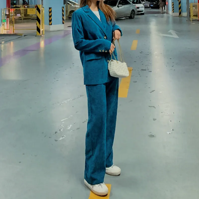 

2021 Spring Fashion Blue Blazer and Pants 2 Piece Set Women Office Business Wear Corduroy Suits with Pockets Plus Size for Lady