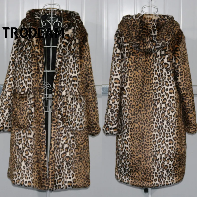 

Женское зимнее пальто из искусственного меха норки TRODEAM, Повседневная Длинная теплая плюшевая шуба средней длины с капюшоном и леопардовым ...
