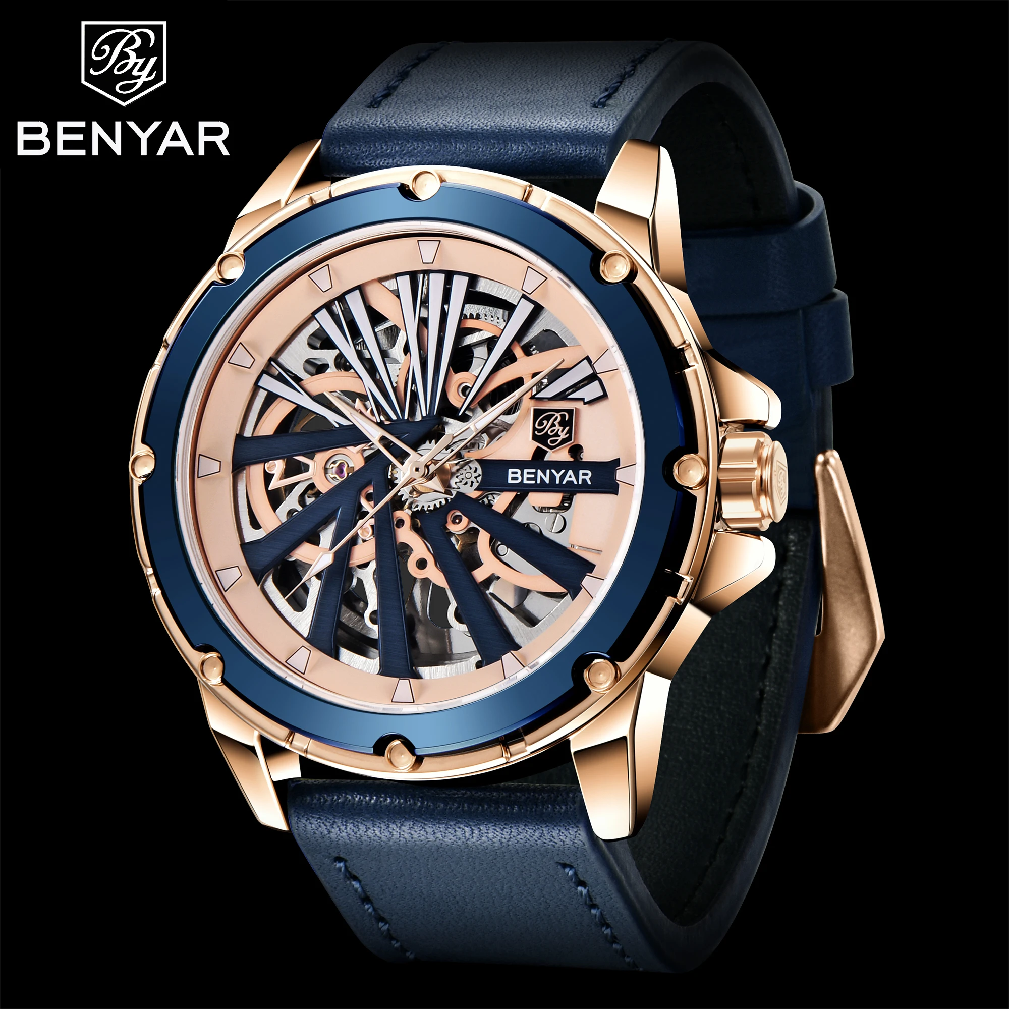 2021 Benyar New Luxury Double-sided Hollow Design Men' Mechanical Watch Waterproof Gyro Night Light Automatic Watch Reloj Hombre